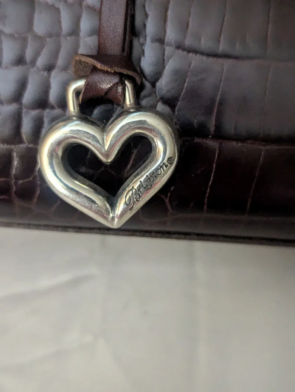 Brighton Brown Croc-Embossed Satchel with Heart Charm Y2K